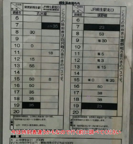 桐生温泉湯ららにあるバス亭の時刻表